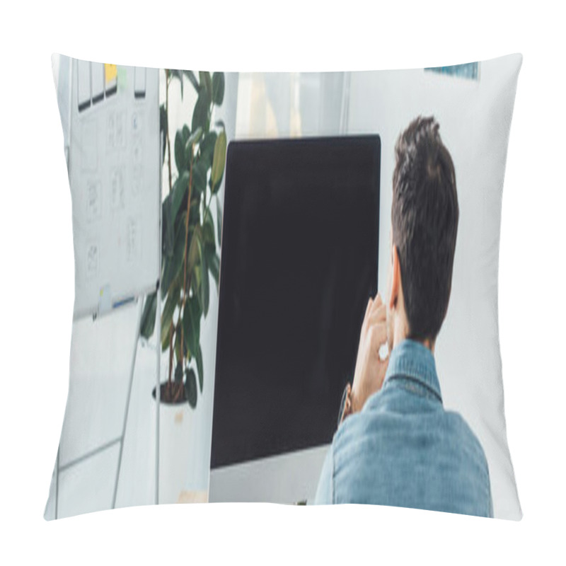 Personality  Back View Of Ux Designer Working On Computer In Office, Panoramic Shot Pillow Covers