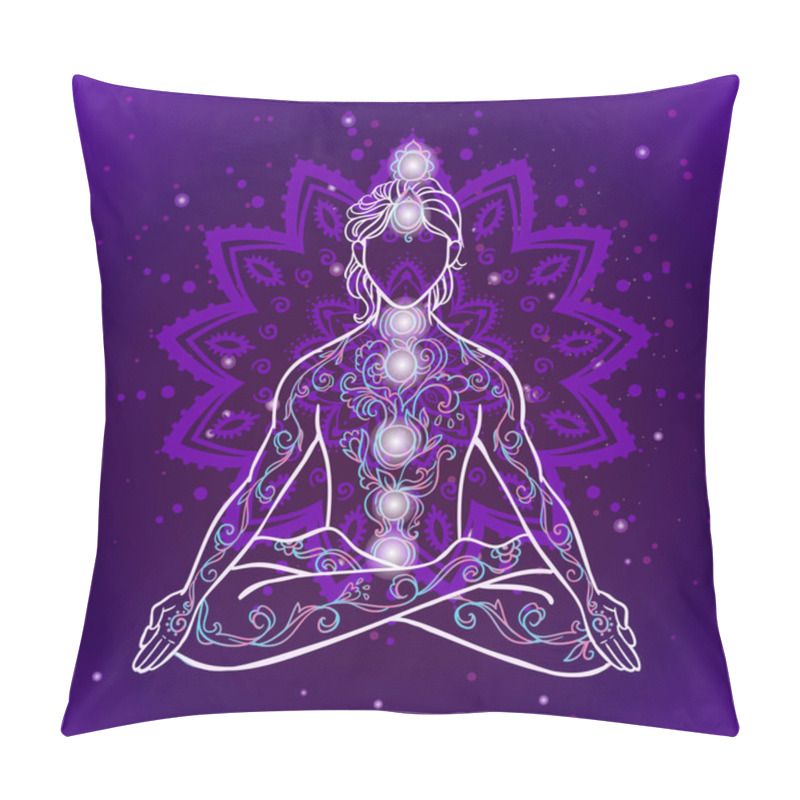 Personality  Yoga Man. Ornament Beautiful Esoteric Concept Of Meditation. Geometric Element Hand Drawn. Vector Illustration For Design For Logo, Banner Flyers. India Ethnic Style Yoga Pose With Mandala And Chakras Pillow Covers