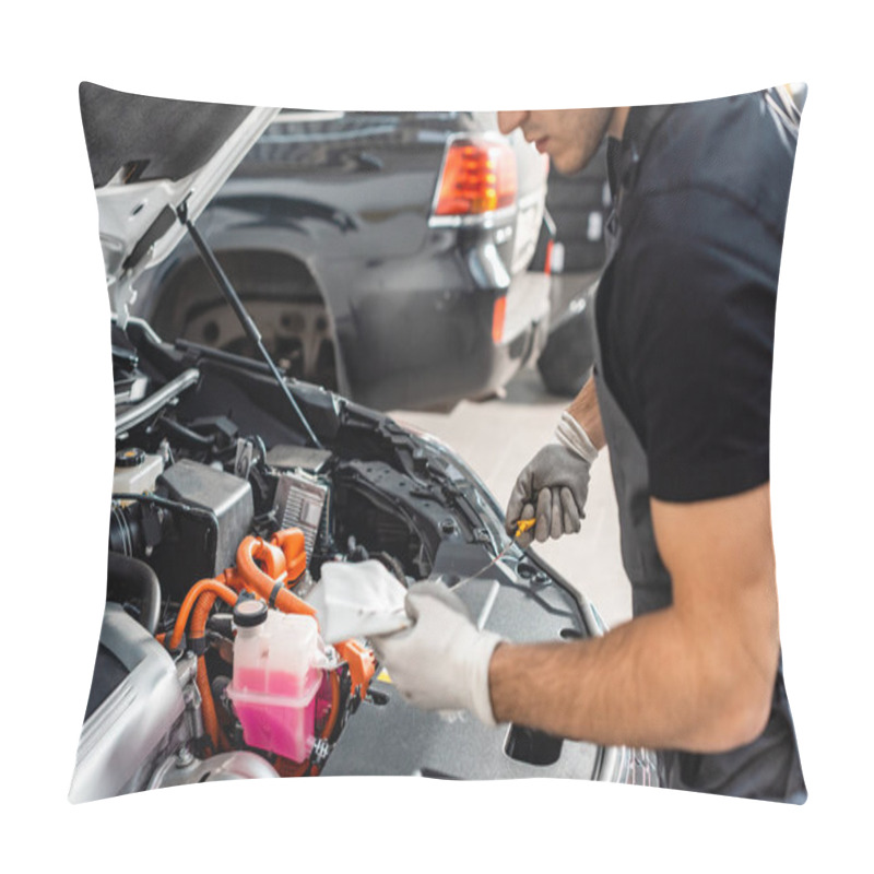 Personality  Partial View Of Mechanic Wiping Oil Dipstick With Rag Near Car Engine Compartment Pillow Covers