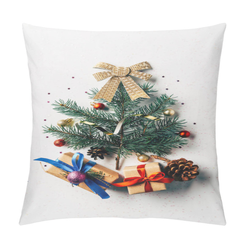 Personality  Top View Of Green Pine Branch Decorated As Festive Christmas Tree With Gifts And Bow On White Background Pillow Covers