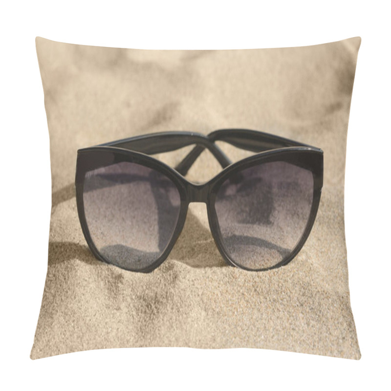 Personality  Stylish Sunglasses With Black Frame On Sandy Beach, Closeup Pillow Covers