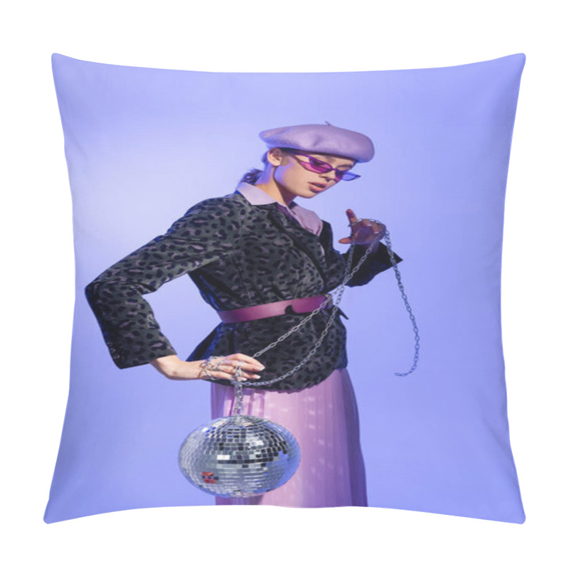 Personality  Stylish Woman In Beret, Sunglasses And Blazer With Animal Print Holding Disco Ball On Chain On Violet Pillow Covers