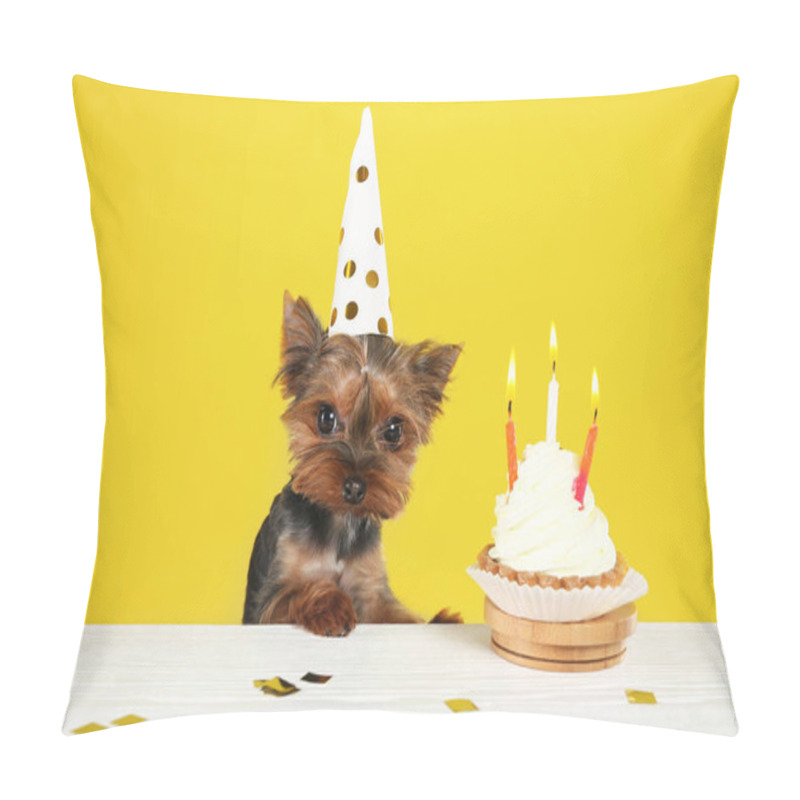 Personality  Cute Yorkshire Terrier Dog With Birthday Cupcake At Table Against Yellow Background Pillow Covers