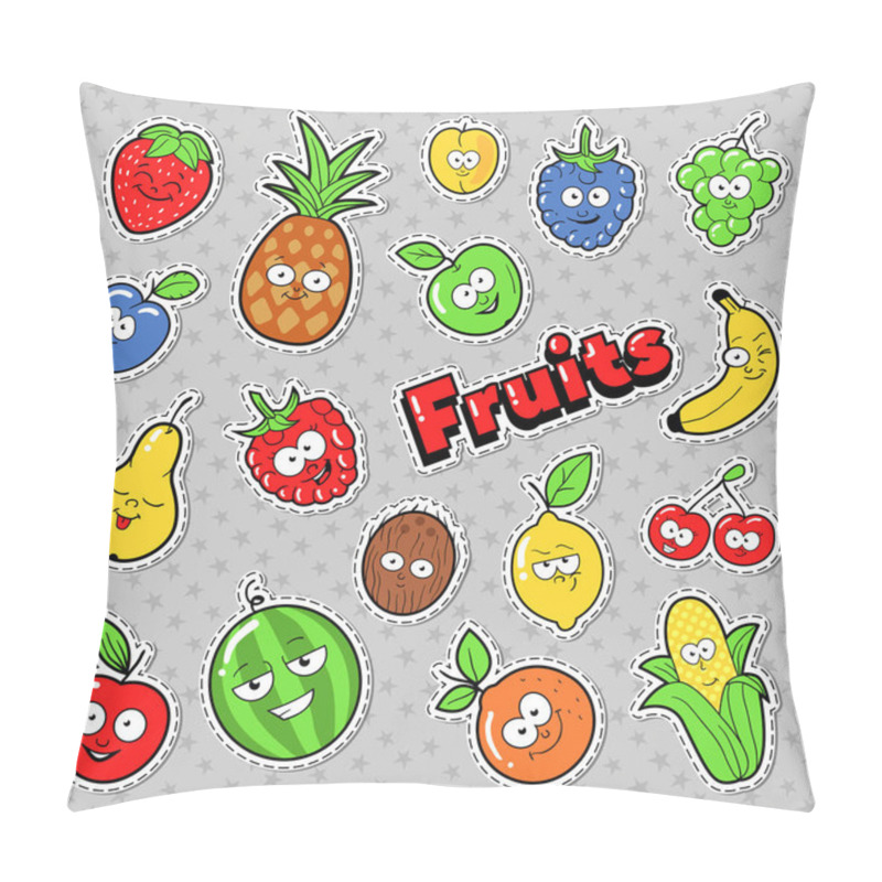 Personality  Funny Fruits Emoticons Badges, Patches, Stickers With Banana Apple Pear And Lemon. Vector Illustration Pillow Covers