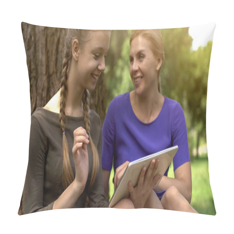 Personality  Happy Daughter And Mother Shopping Online In Park, Using Tablet, Sales In Stores Pillow Covers