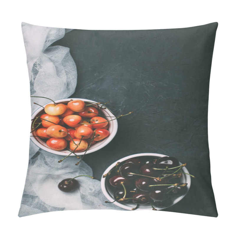 Personality  Top View Of Sweet Cherries In Bowls On Black  Pillow Covers