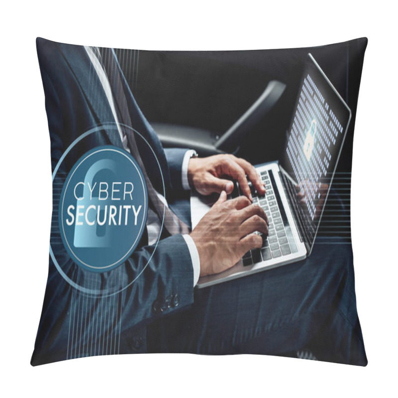 Personality  Partial View Of African American Businessman Using Laptop In Car With Cyber Security Illustration Pillow Covers