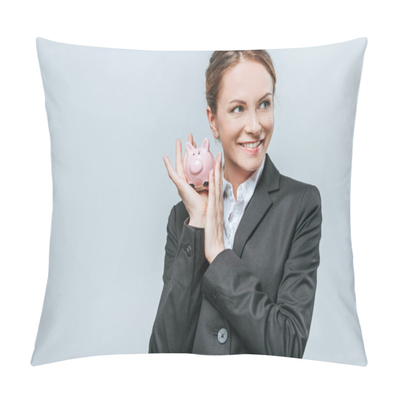 Personality  Smiling Financier Holding Piggy Bank And Looking Away Isolated On Grey Pillow Covers