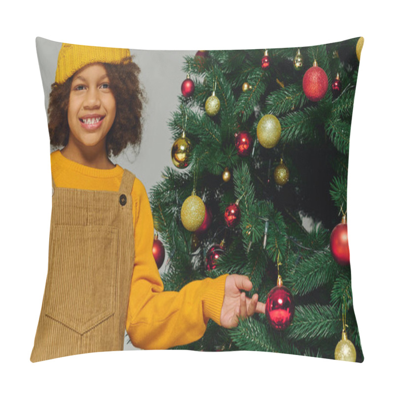 Personality  A Cheerful Girl Adds Decorations To A Christmas Tree, Capturing The Spirit Of The Holiday Season. Pillow Covers