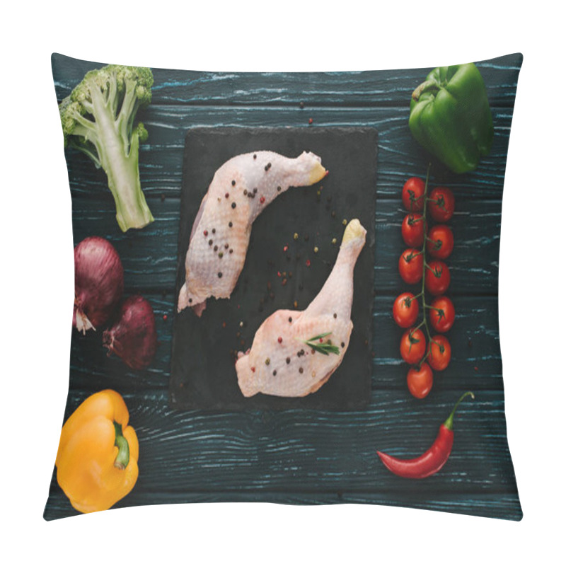 Personality  Top View Of Chicken Legs On Stone Slate With Different Vegetables On Dark Green Wooden Tabletop Pillow Covers