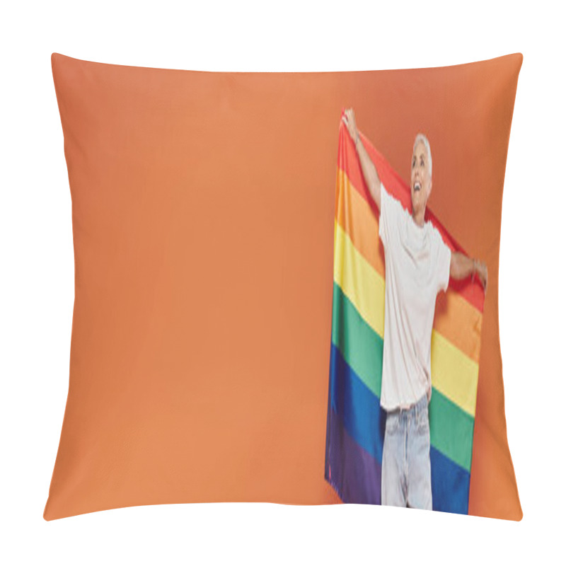 Personality  A Mature Woman Radiates Joy While Holding A Vibrant Rainbow Flag. Pillow Covers