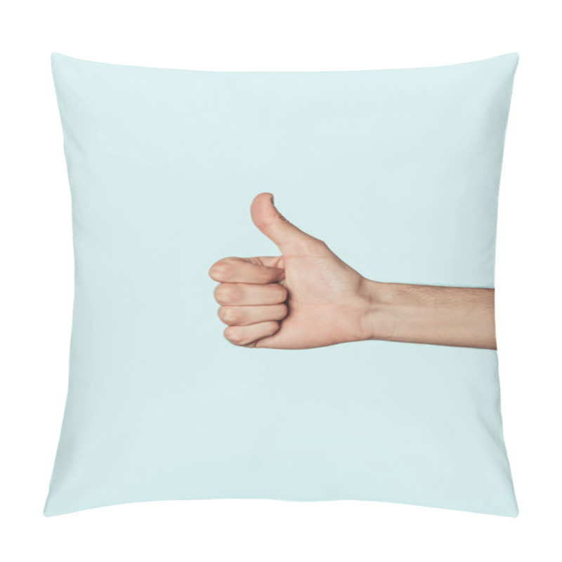 Personality  Cropped Image Of Man Doing Thumb Up Gesture Isolated On Blue Background  Pillow Covers