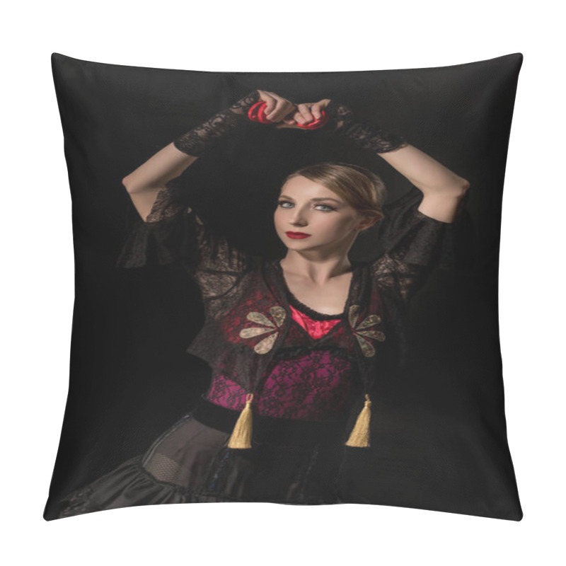 Personality  Beautiful Dancer Holding Castanets While Dancing Flamenco Isolated On Black  Pillow Covers