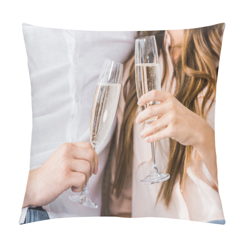 Personality  Cropped Shot Of Couple Clinking Glasses Of Champagne On Sofa At New Home Pillow Covers