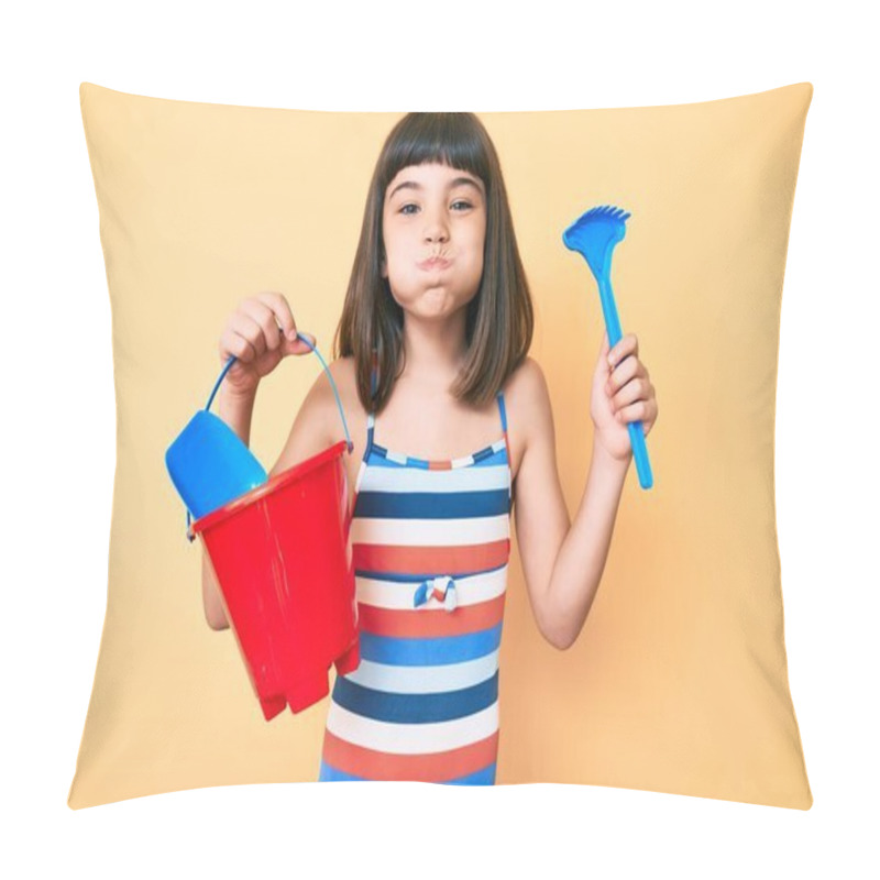 Personality  Young Little Girl With Bang Playing With Summer Shovel And Bucket Toys Puffing Cheeks With Funny Face. Mouth Inflated With Air, Catching Air.  Pillow Covers