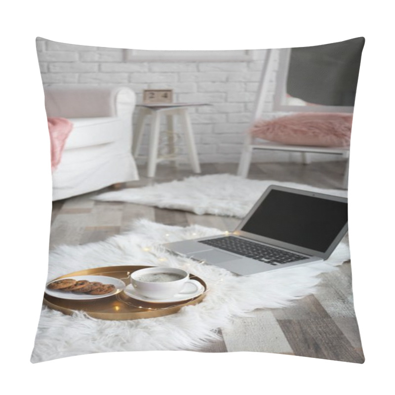 Personality  Tray With Breakfast And Laptop On Fluffy Carpet In Room Pillow Covers