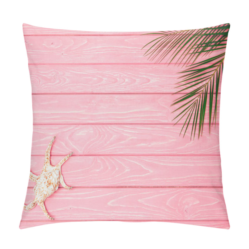 Personality  Top View Of Seashell With Palm Leaves On Pink Wooden Surface Pillow Covers