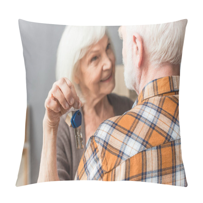 Personality  Senior Woman Holding Keys And Hugging Husband, Moving Concept Pillow Covers