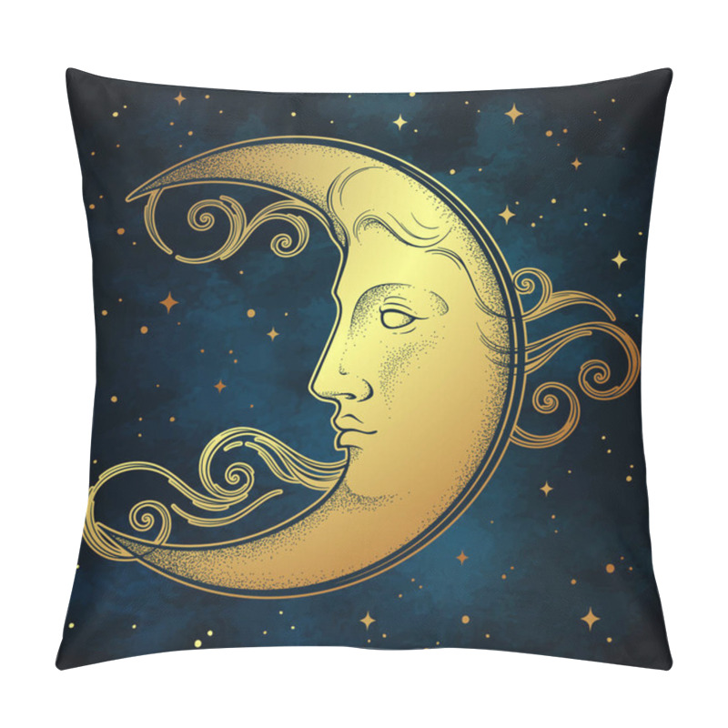 Personality  Crescent Moon And Stars In Antique Style Hand Drawn Line Art And Dotwork. Boho Chic Tattoo, Poster, Altar Veil, Tapestry Or Fabric Print Design Vector Illustration Pillow Covers