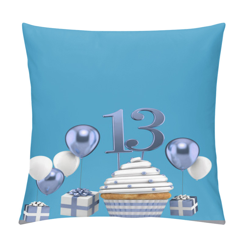 Personality  Number 13 Blue Birthday Cupcake With Balloons And Gifts. 3D Render Pillow Covers