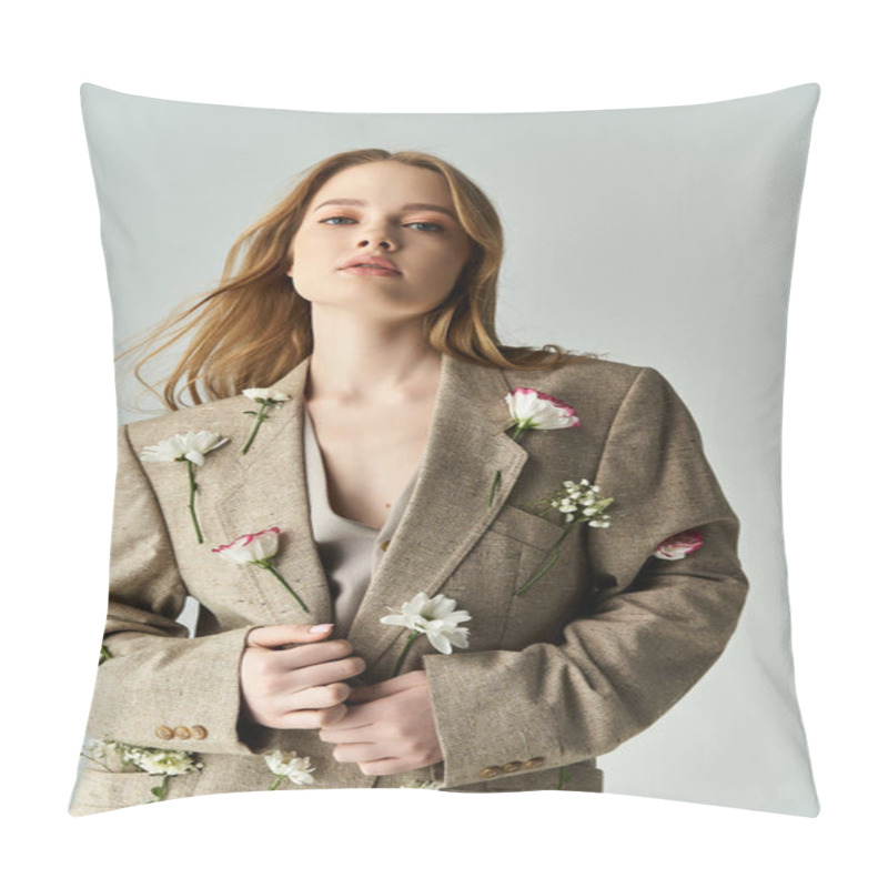 Personality  A Beautiful Woman Showcases Floral Embellishments On Her Chic Attire. Pillow Covers