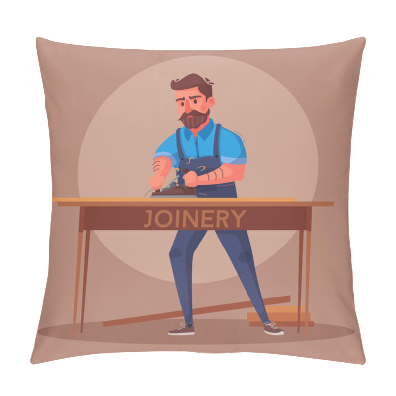 Personality  Funny Carpenter Is Working. Cartoon Vector Illustration Pillow Covers