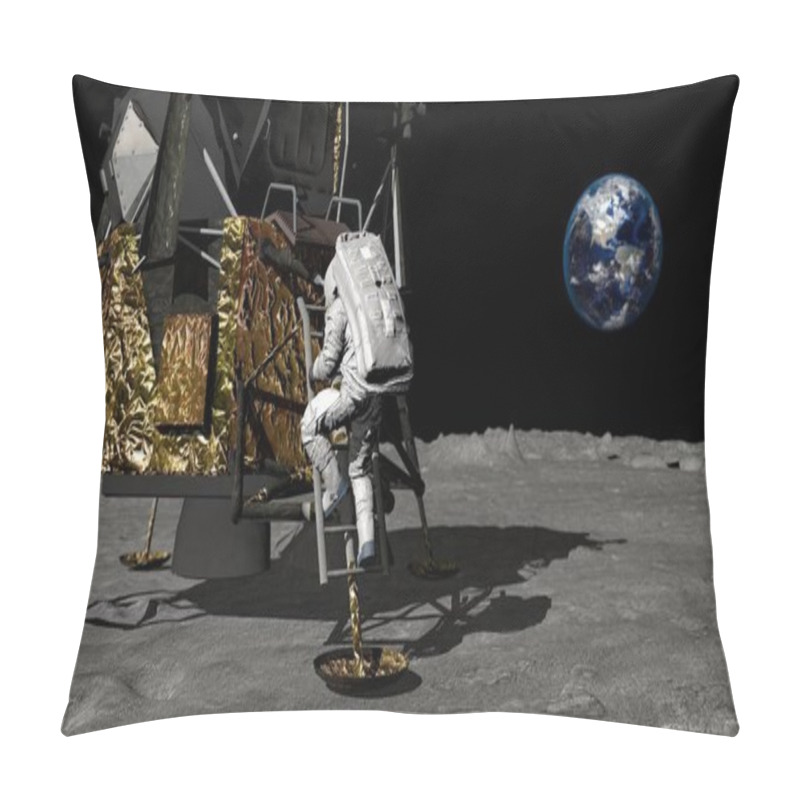 Personality  3D Rendering. Astronaut Descends The Stairs Of The Apollo Spacecraft. CG Animation. Elements Of This Image Furnished By NASA. Pillow Covers