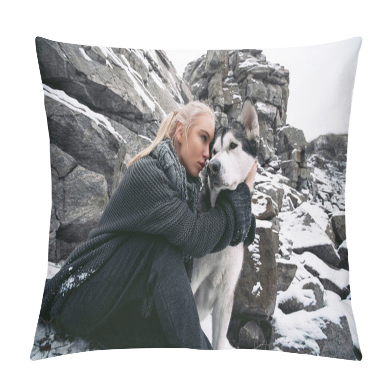 Personality  Girl With Dog Malamute Among Rocks In Winter. Close Up. Pillow Covers