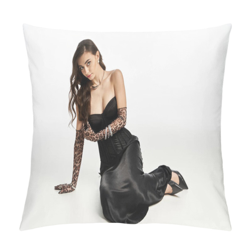 Personality  Young Woman Showcases Grace And Fashion In A Stunning Black Dress And Animal Print Gloves. Pillow Covers