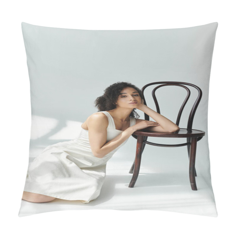 Personality  A Fashionable Woman Leans Gracefully On A Wooden Chair, Lost In Thought Amid Soft Lighting. Pillow Covers