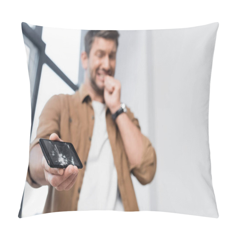 Personality  Low Angle View Of Smashed Smartphone With Blurred Scared Businessman On Background Pillow Covers