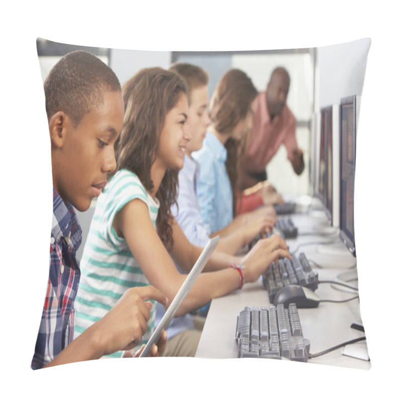 Personality  Boy Using Digital Tablet In Computer Class Pillow Covers