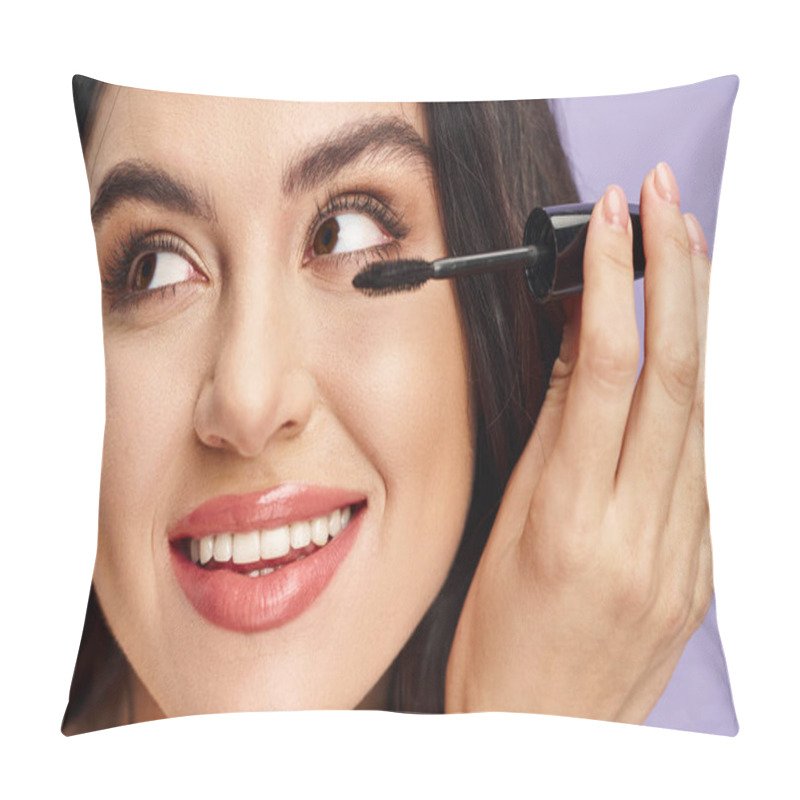 Personality  Woman Enhancing Her Eyes With A Mascara, Adding A Touch Of Elegance And Allure. Pillow Covers