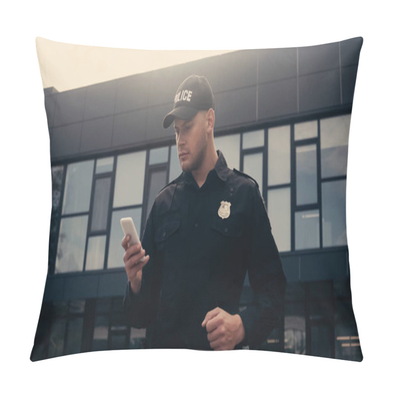 Personality  Policeman In Uniform And Badge Using Smartphone On Urban Street  Pillow Covers