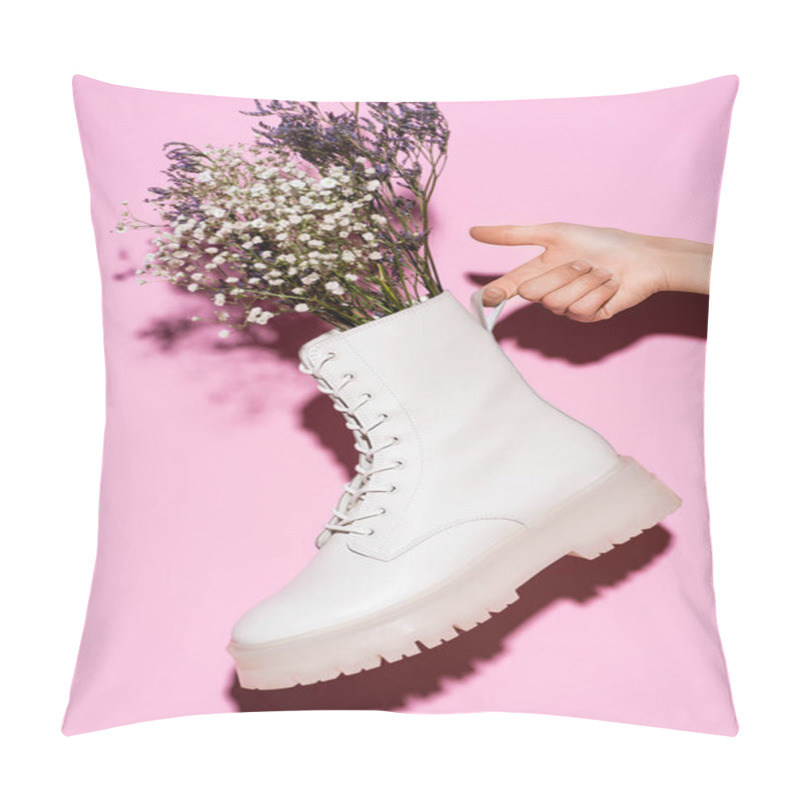 Personality  Cropped View Of Woman Holding White Boot With Wildflowers On Pink Background Pillow Covers