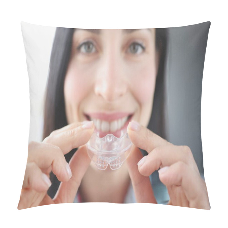 Personality  Smiling Woman Holds Clear Plastic Mouthguard To Straighten Teeth. Bite Correction And Bruxism Concept Pillow Covers