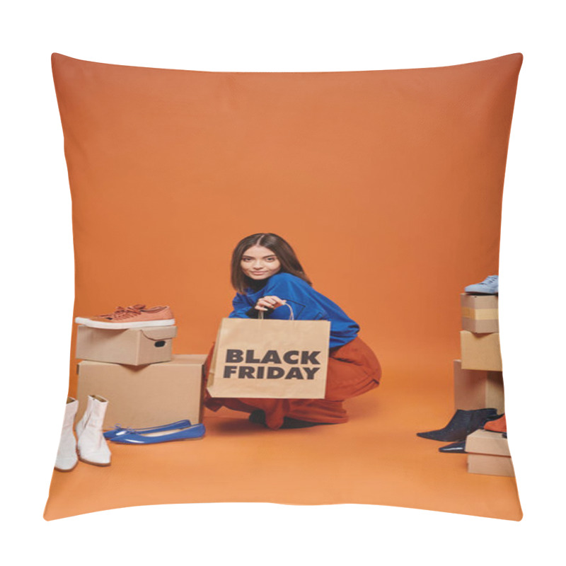 Personality  Cheerful Woman In Autumnal Clothes Sitting Near Boxes With Different Shoes On Orange, Black Friday Pillow Covers