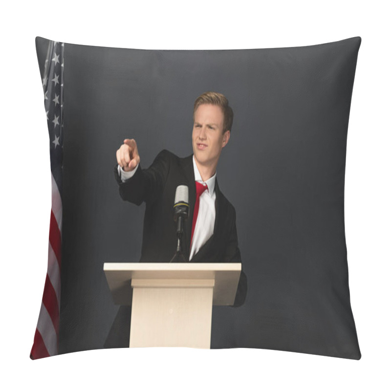 Personality  Emotional Man Pointing With Finger At Camera On Tribune With American Flag On Black Background Pillow Covers