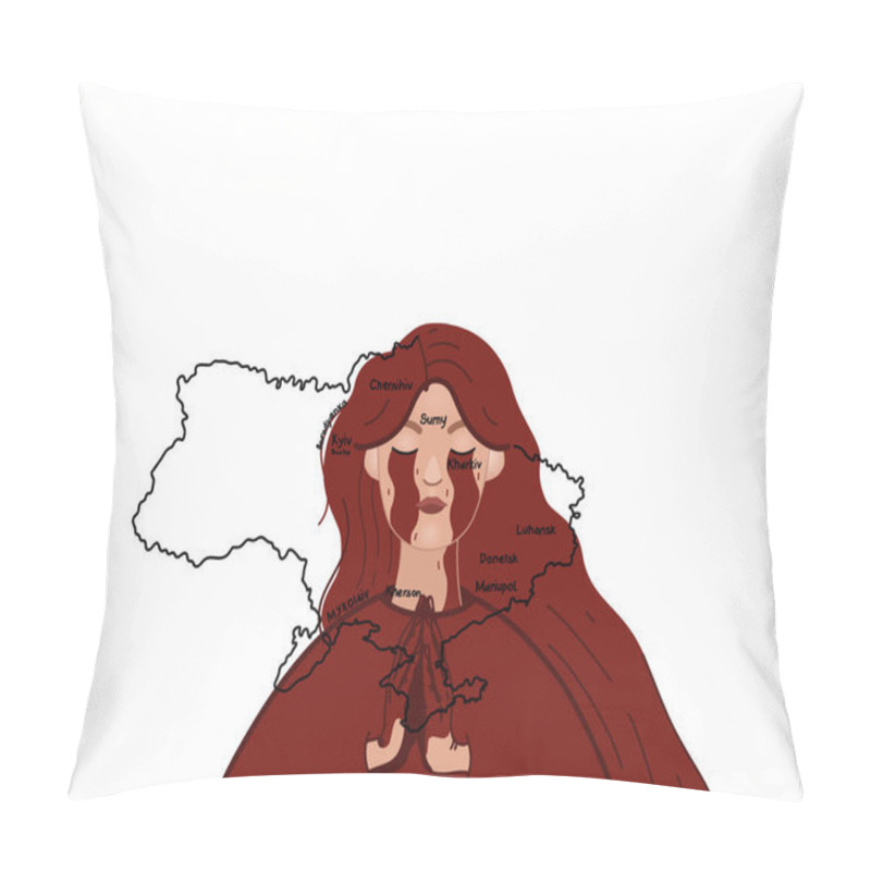 Personality  Illustration Of Crying Ukrainian Woman Praying Near Map Of Country On White Pillow Covers