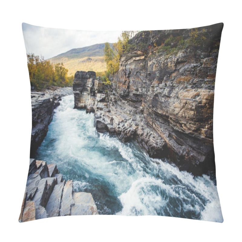 Personality  Sunny Fall Autumn View Of Abisko National Park, Kiruna Municipality, Lapland, Norrbotten County, Sweden, With Abiskojokk River, Road And Nuolja Mountain, Near Border Of Finland, Sweden And Norwa Pillow Covers