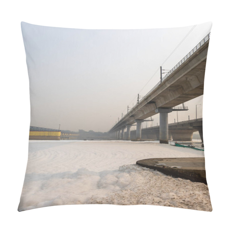 Personality  Polluted River With Industrial And Domestic Effluents Toxic Foam And Road Bridge At Morning Image Is Taken At Yamuna River Okhla Barrage Delhi India. Pillow Covers