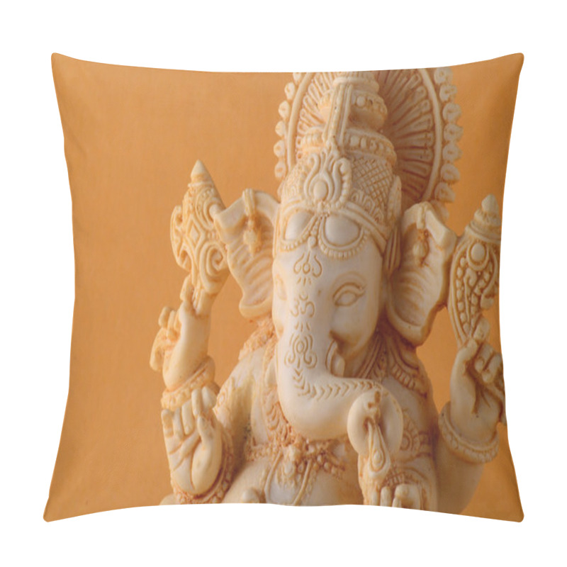 Personality  Hindu God Ganesha. Ganesha Idol With Flowers On Yellow Background. Pillow Covers