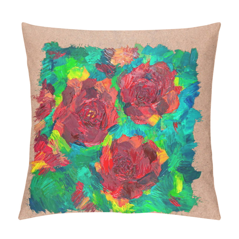 Personality  Close-up Of Palette Knife Painting Rose Flowers On Plywood Base Pillow Covers