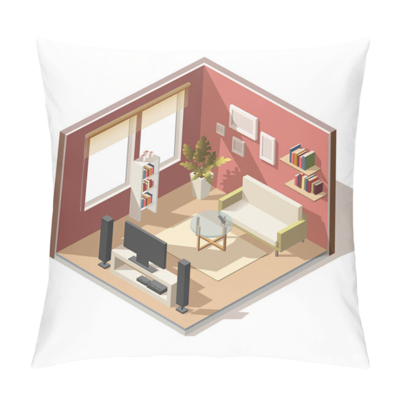 Personality  3d Realistic Vector Isometric Low Poly Living Room Interior. Pillow Covers