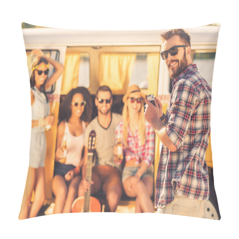 Personality  Man Holding Camera With People On Background Pillow Covers