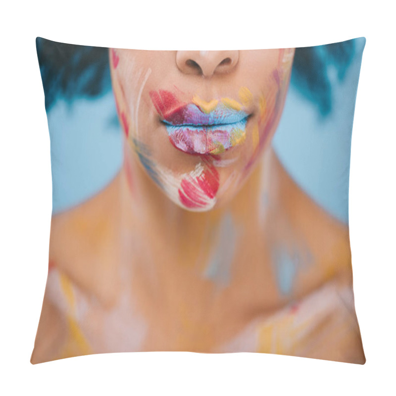 Personality  Cropped Shot Of Woman With Paint Strokes On Face On Blue Pillow Covers