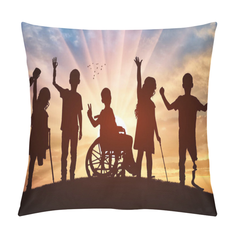 Personality  Silhouettes Of Five Children With Disabilities, Standing Proudly On A Hilltop As The Sun Sets Behind Them. Children Are Depicted With Various Mobility Aids, Such As A Wheelchair, Crutches, And Prosthetic Limbs, Highlighting Their Resilience And Deter Pillow Covers