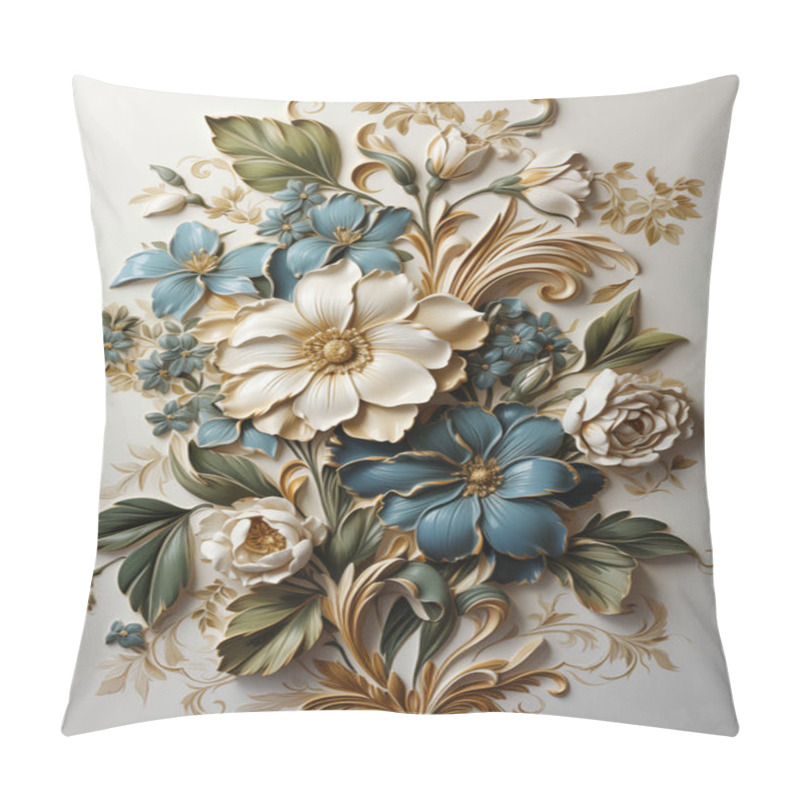 Personality  A Lavish Floral Relief Artwork With Gold Accents And Blue Blossoms, Embodying Baroque Richness And Botanical Beauty Pillow Covers