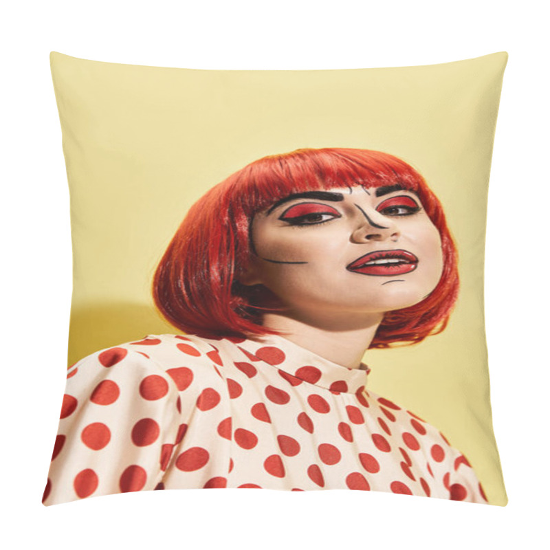 Personality  A Stunning Redhead Woman With Vibrant Polka Dot Makeup And Matching Blouse, Reminiscent Of A Character From Comics. Pillow Covers