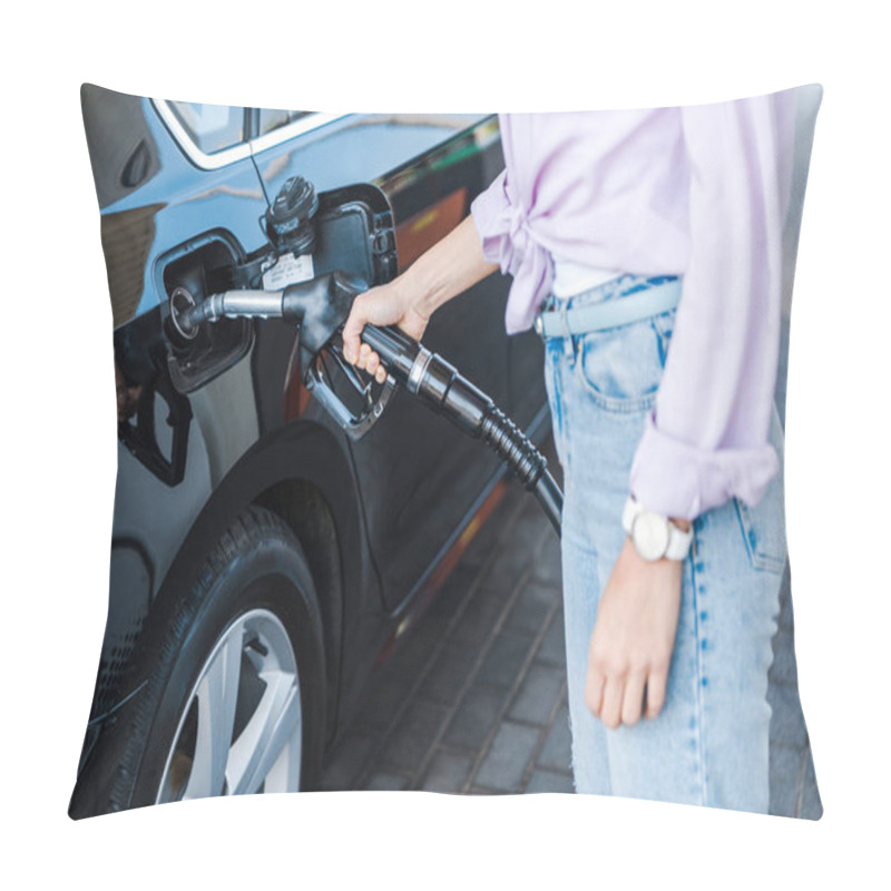 Personality  Cropped View Of Woman Holding Fuel Pump While Refueling Black Car With Benzine  Pillow Covers